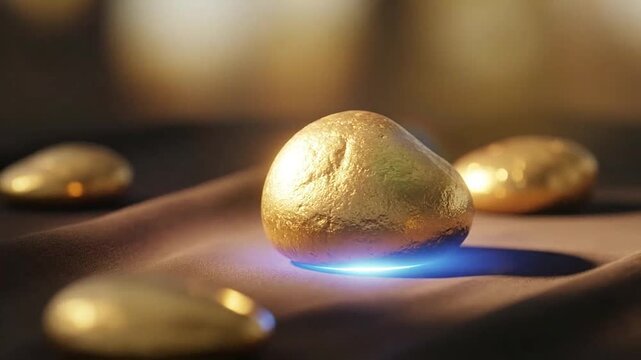 Several golden objects are placed on a soft, textured surface with a blurred background effect