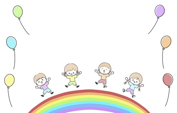 虹の上でジャンプする子供たちと風船