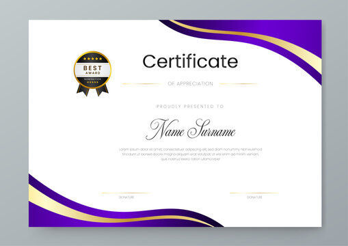 Abstract wavy purple and gold certificate of appreciation for corporate awards and professional recognition programs
