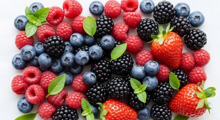 Fototapeta premium Vibrant Assortment of Fresh Berries Strawberries Raspberries Blueberries and Blackberries.