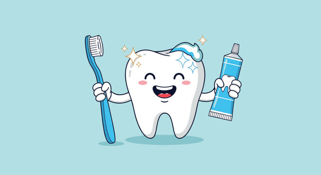 Cute and happy personified tooth character holding a blue toothbrush and a tube of toothpaste to promote dental health.