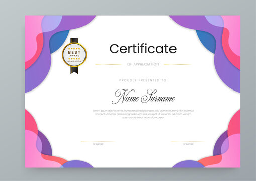 Landscape certificate template with artistic pink and purple fluid shapes for modern corporate recognition