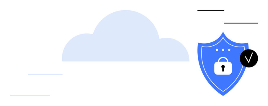 Cloud security. Shield and lock symbol with a checkmark cloud security and data protection. Cloud security enables safe data storage and minimal cyber risks. For tech, safety, cloud storage