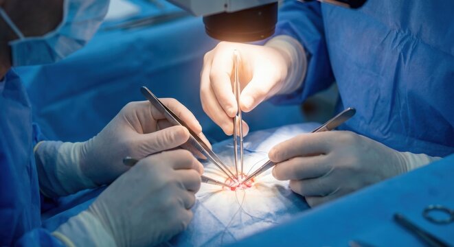 Surgeon performing delicate microsurgery under microscope