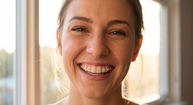 Young woman with clear ceramic braces smiling brightly