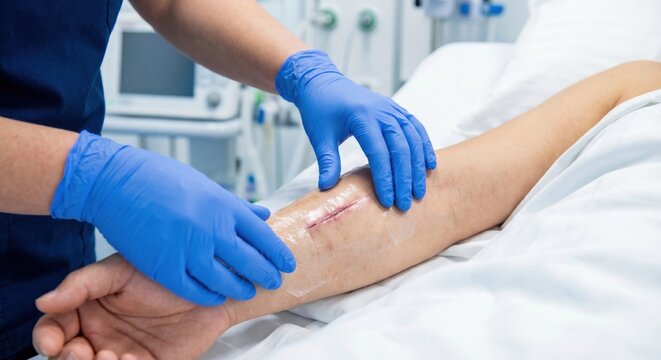 Nurse applying transparent dressing to surgical wound