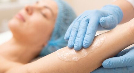 Fototapeta premium Beautician applying clear exfoliating gel to patient skin