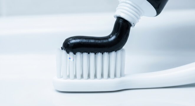 Black charcoal toothpaste squeezed on white toothbrush macro