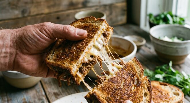 Hand pulling apart toasted birria sandwich with cheese stretch