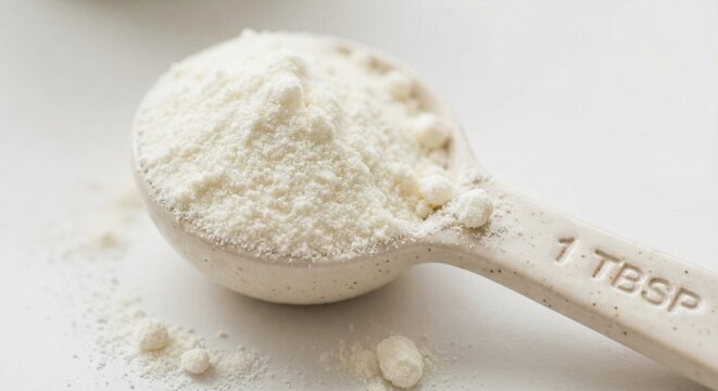 Measuring spoon overflowing with white baby formula powder