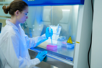 A scientist carefully uses a micropipette to transfer a liquid sample inside a biosafety cabinet. A...