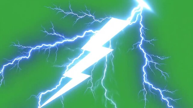 A bright, glowing lightning bolt graphic against a vibrant, solid green background