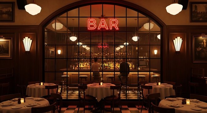 Dining area inside a restaurant bar.