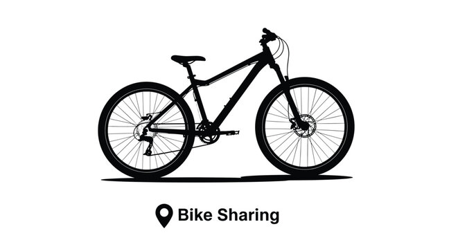 Black silhouette of a mountain bike with Bike Sharing text and location icon on plain white background for city transport concepts.