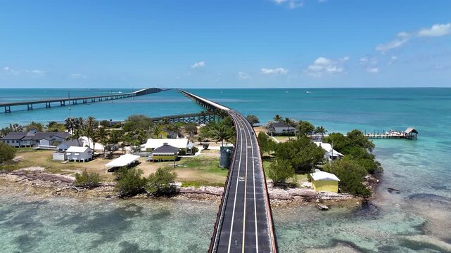 Aerial view of old seven mile bridge leading to Pigeon Key in Monroe County, Florida.