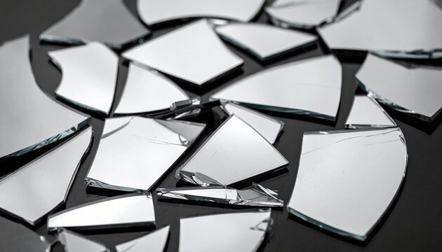 Scattered pieces of broken glass and sharp mirror shards reflecting a deep black surface in a macro photograph.