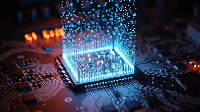 A glowing digital data stream emanating from a central processing unit on a circuit board