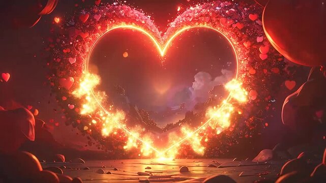 A glowing heart shape with a beautiful light effect in a romantic, dreamy scene