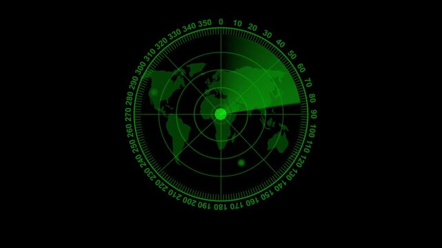 Radar HUD Screen Searching Animation Futuristic Sonar Loop with Scanned Target Interface for Sci-Fi Motion Graphics. Abstract circuit 4k animation technology background with world map rotating.