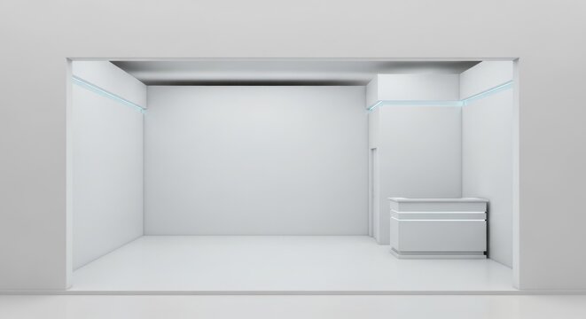 Clean, empty, and modern white room interior with a small built-in unit on the right wall.