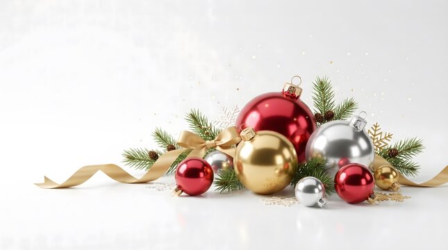 Christmas ornaments and pine branches on white background with gold ribbon and shiny balls