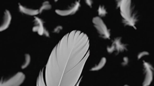 White feathers floating in the air against a black background, creating a soft effect