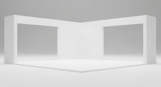 A minimalist white corner display stage with two rectangular archways and a clean background.