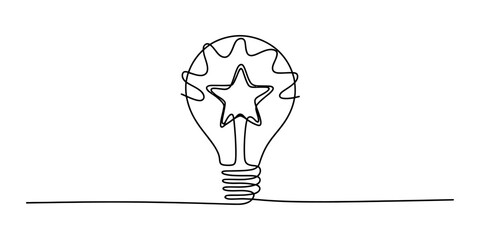 Continuous one line drawing of a light bulb with a star inside as a symbol of creativity and success. © Pabon Art Gallery