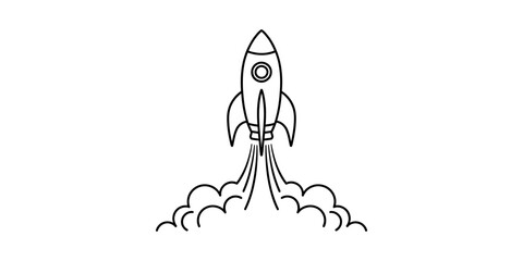 A simple black and white line drawing of a rocket ship launching into space with smoke. © Pabon Art Gallery