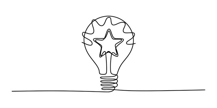 Continuous one line drawing of a light bulb with a star inside as a symbol of creativity and success.