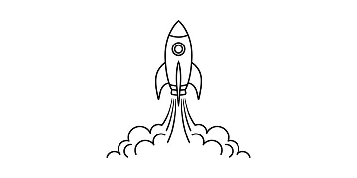 A simple black and white line drawing of a rocket ship launching into space with smoke.