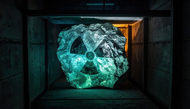 Massive rough uranium ore chunk glows eerily with radioactive energy in a dark, industrial containment space.