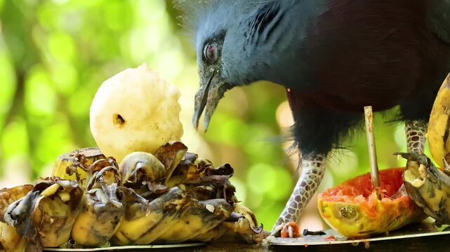 A close up shot of a victoria crowned pigeon, a large species of pigeon native to new guinea, feeding on bananas and fruit in motion.