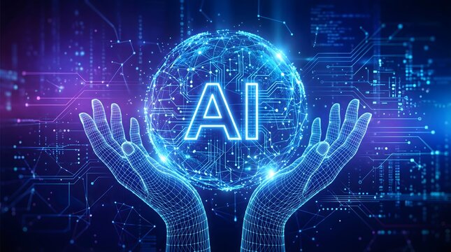 Artificial Intelligence concept with glowing AI sphere cradled in hands, digital network background, futuristic technology and innovation
