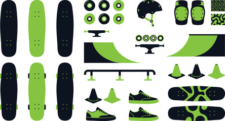 Green and black skateboard parts and accessories for tricks and stunts © NeoVector