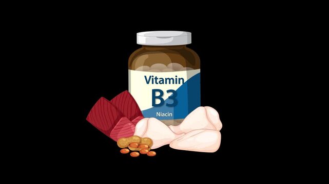 Bottle of vitamin B3 niacin supplement surrounded by healthy food sources like meat peanuts and chicken.