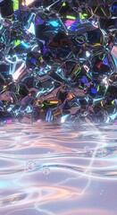 Fototapeta premium Abstract Iridescent Crystal and Liquid Background with Neon Reflections and Bubbles, Futuristic Digital 3D Render