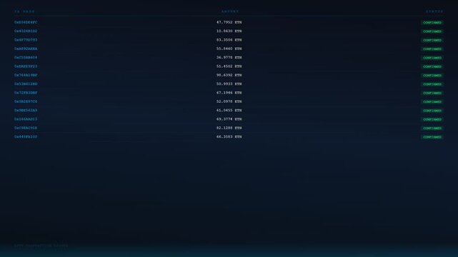 A sophisticated blockchain finance ledger scrolls dynamically across a dark cyan screen while encrypted transaction data flows steadily to represent global digital economy transparency