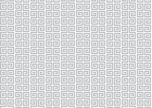 Seamless vector pattern featuring a light gray Greek key meander design on a white background. This repeating geometric motif uses square interlocking spirals in a vertical grid layout.