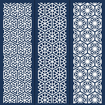 Set of three geometric hexagon laser cut pattern templates in white on navy blue background. Fretwork panels for CNC routing, stencil design, and decorative architectural screens.