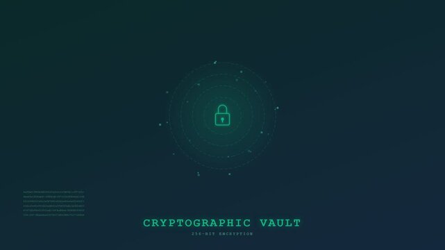 An intricate blockchain finance ledger visualization featuring a glowing cryptographic vault animation with concentric data rings and secure encryption symbols on a dark digital canvas