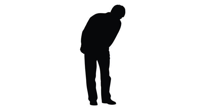 This compelling vector illustration depicts a single male silhouette bending forward, possibly in thought or deference, making it a versatile graphic element for diverse creative designs.