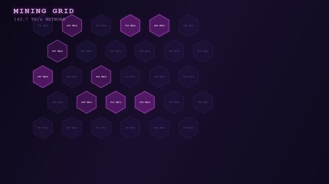 An intricate blockchain finance ledger visualized as a glowing hexagonal mining grid that dynamically activates across a deep purple digital void for advanced data processing