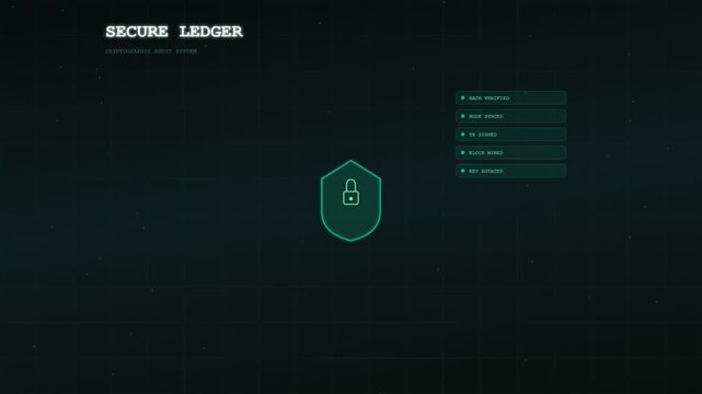 An intricate animation depicting a blockchain finance ledger interface with emerald glowing elements and a protective shield lock for high security digital asset management