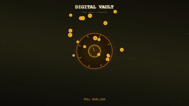 An abstract animation of a blockchain finance ledger where golden digital tokens flow into a central glowing vault representing secure asset storage and increasing wealth