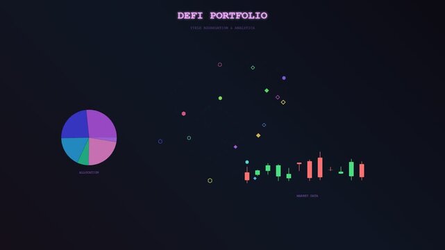 A sophisticated blockchain finance ledger animation displaying dynamic cryptocurrency portfolio metrics through neon data visualizations and fluctuating candlestick trading charts