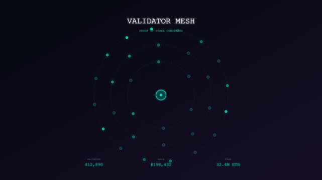 A conceptual blockchain finance ledger visualization featuring glowing teal nodes pulsating within concentric circular orbits to symbolize the distributed nature of a modern cryptographic network