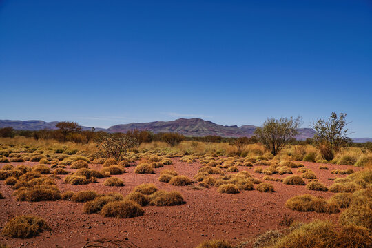 Hamersley Range Western Australia mountains and arid desert shrubland under clear blue sky remote scenic outback landscape