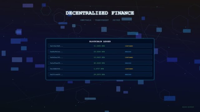A cinematic digital visualization where a blockchain finance ledger emerges from a deep indigo void featuring ethereal connections and pulsating geometric data structures for futuristic banking
