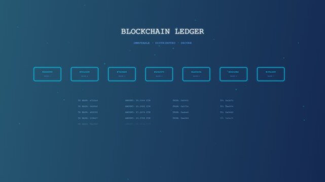 An intricate animation of a blockchain finance ledger displaying glowing data blocks that emerge sequentially across a deep blue cybernetic interface for digital security concepts